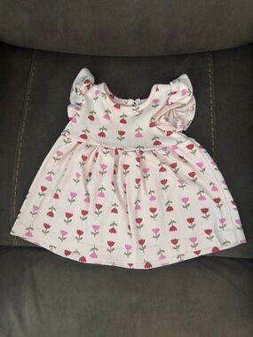 Girls Pink Floral Tulip Print Flutter Sleeve Dress